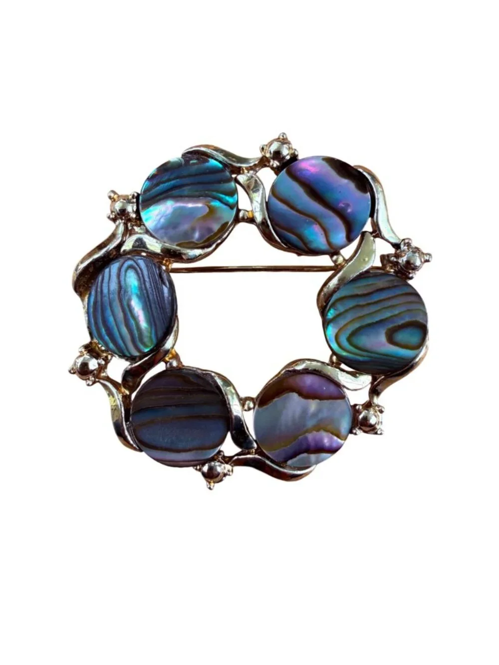 Vintage Abalone Shell Circle Brooch Silver Tone Wreath Pin Paua Statement Jewelr